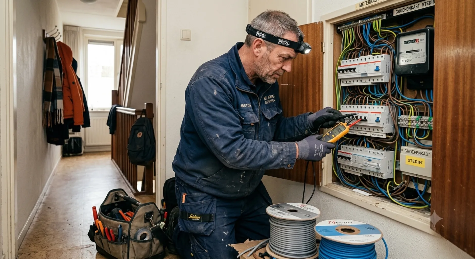 Elektricien meet met een multimeter in een geopende meterkast in een woning, hoofdlamp op