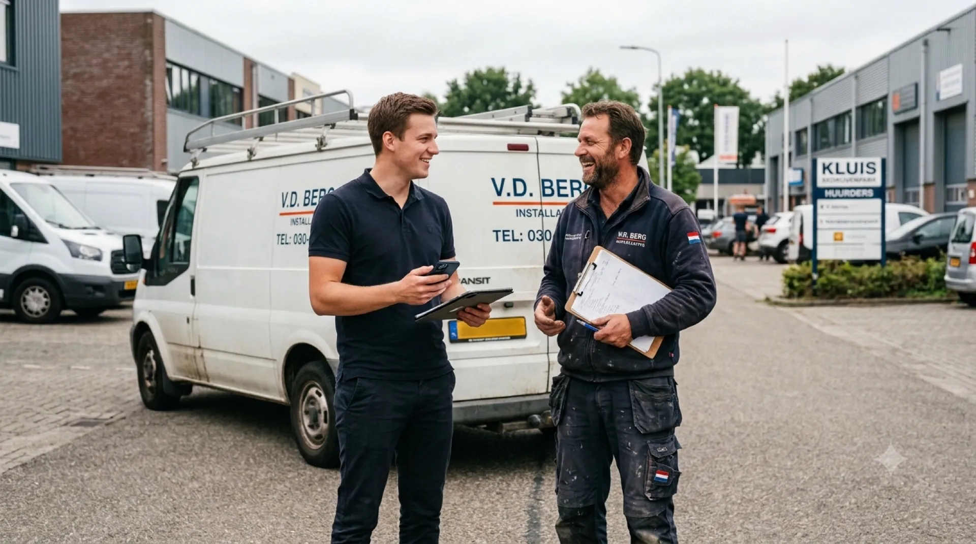 In gesprek met een installateur bij zijn bedrijfsbus op een bedrijventerrein